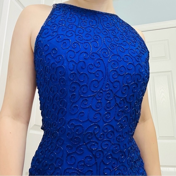 Vintage Prom Dress Formal Long Silk Beaded Open Back Blue Leg Slit Event Small - Picture 2 of 9